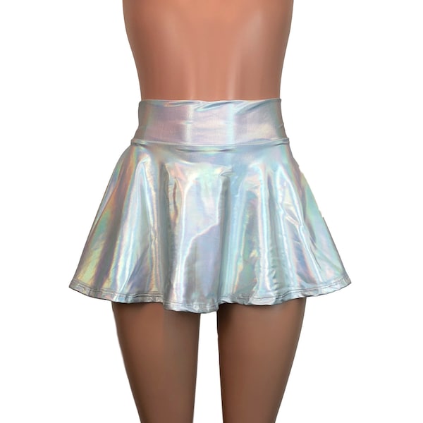 Minifalda skater holográfica de 13" de cintura alta Opal - Clubwear, Rave Wear, Mini Circle Skirt