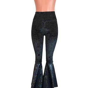 Black Velvet/Black Shattered Glass Bell Bottoms - Holograph  - Rave, Festival, EDM, 80s Clothing - High Waisted