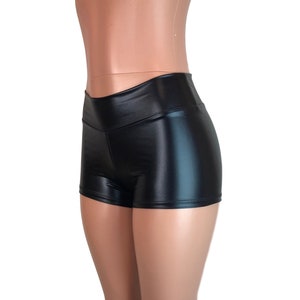 Mid Rise Black Metallic &quot;Leather&quot; Booty Shorts - club or rave wear - Crossfit - Running
