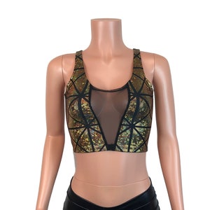 Top corto con inserción de malla holográfica con panel de vidrio dorado - Ropa rave, ropa festiva