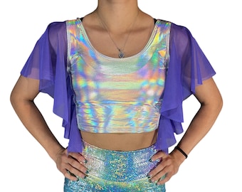 Flutter Sleeve Top Opal Holographic | Mesh Sleeve Ruffle Shirt | Holo Festival Crop Top