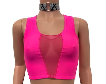 Mesh Inset Crop Tank Top - *Neon Pink Spandex* - Rave Clothing, Festival Clothes, Performance Clothing