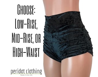 Black Crushed Velvet Booty Shorts - Rave Shorts - Scrunch Booty Shorts - CHOOSE your RISE - Roller Derby, Festival, Rave Clothing