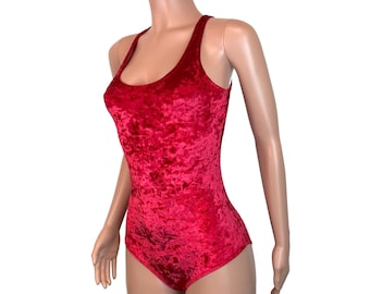 Red Crushed Velvet Bodysuit Leotard, Bathing Suit - Bodycon Clubwear, Rave Wear,