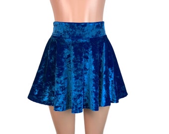 Blue Crushed Velvet High Waisted Skater Skirt - Clubwear, Rave Wear, Mini Circle Skirt