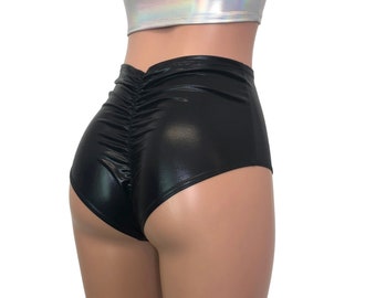 Scrunch Bikini - High Waist *Black Metallic* - Ruched Brazilian Bikini Bottom - Rave Clothing, Faux Leather, Wet-Look