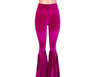 Fuchsia Pink Velvet Bell Bottom Pants High-Waisted - Rave, Festival, EDM, 70s Clothing