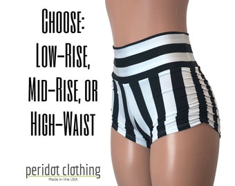 Ruched Booty Shorts - *Black & White Stripe* Scrunch Rave Shorts - CHOOSE your RISE - Roller Derby shorts, pole dance shorts