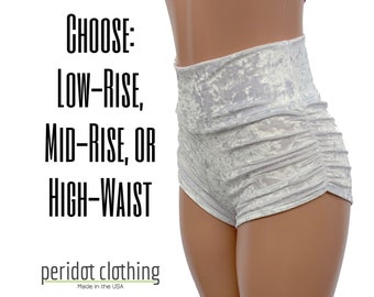 White Crushed Velvet Booty Shorts - Ruched Rave Shorts - Scrunch Booty Shorts - CHOOSE your RISE - Roller Derby, Festival, Rave Clothing