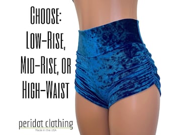 Blue Crushed Velvet Booty Shorts - Ruched Rave Shorts - Scrunch Booty Shorts - CHOOSE your RISE - Roller Derby, Festival, Rave Clothing