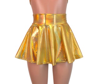 13" Mini Gold Opal Holographic High Waisted Skater Skirt - Clubwear, Rave Wear, Mini Circle Skirt
