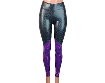 Black & Purple Shattered Glass Holographic *Mid-Rise* Leggings Pants - Rave, Festival, EDM, 80s Clothing