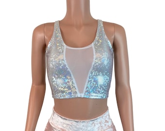 Argent sur blanc Holographic Mesh Inset Crop Top - Rave Clothing, Festival Clothes