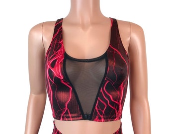 Regata recortada com inserção de malha – Relâmpago vermelho metálico – Roupas rave, roupas de festival
