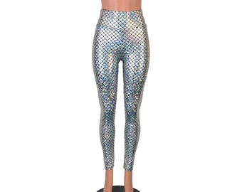 Mermaid Scale Pants - Silver Holographic Leggings - Mermaid Costume - Rave Clothing - High Waist Mermaid Leggings