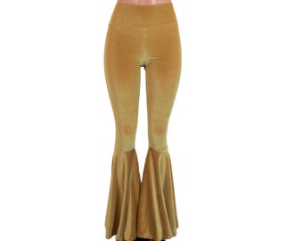Mustard Yellow Gold Velvet Bell Bottom Pants High-Waisted - Rave, Festival, EDM, 70s Clothing