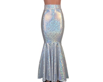 Long Fit n Flare Mermaid Skirt - Silver Shattered Glass Holographic - High Waisted Maxi Skirt - Morticia Floor Length