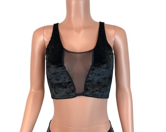 Black Crushed Velvet Mesh Inset Crop Top Tank - Rave Clothing, Festival Clothes