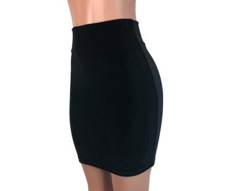 Black Velvet High Waisted Pencil Mini Skirt - Bodycon Skirt