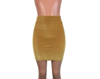 Mustard Yellow Gold Velvet High Waisted Pencil Mini Skirt - Bodycon Skirt