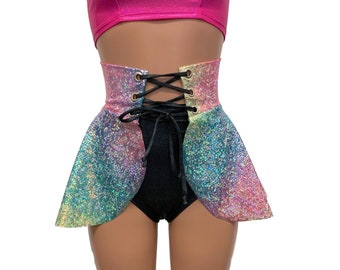 Lace-Up Skirt - *Rainbow Avatar w/ Black Sparkle Ties* - Corset Skirt, Open Skirt, Hi-Lo Skater, Festival Clothing, Rave Outfit