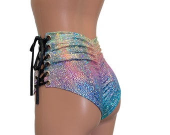 Scrunch Lace-Up Bikini - High Waist *Rainbow Avatar* Ruched Shorts - Brazilian Bikini Bottom - Rave Clothing, Festival Clothes