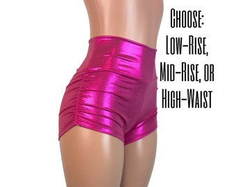 Pink Mystique Metallic Ruched Booty Shorts - CHOOSE your RISE - Roller Derby, Festival, Rave Clothing