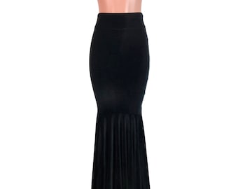 Black Velvet Mermaid Skirt - Long Fit and Flare Skirt - High Waisted Maxi Skirt - Morticia Floor Length