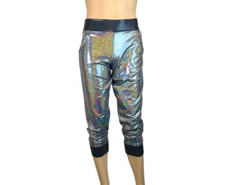 May include: Silver and black iridescent joggers with a black waistband and black cuffs.