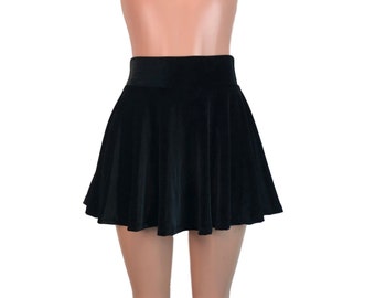 Black Velvet Skater Skirt - High Waist - Velvet Mini Skirt - Festival Clothing - Boho Skirt