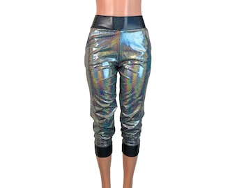 Holograph Joggers w/ Pockets - Silver W/ Black - Mid Rise Jogger Pants - Rave, Festival, EDM, Running, Yoga