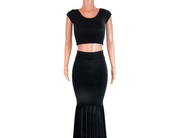 Black Velvet Outfit - Mermaid Long Fit and Flare High Waisted Maxi Skirt and Cap Sleeve Crop Top