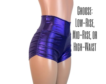 Ruched High Waist Shorts - Purple Mystique Metallic Booty Shorts - CHOOSE your RISE - Roller Derby, Pole Dance Shorts, Rave Clothing