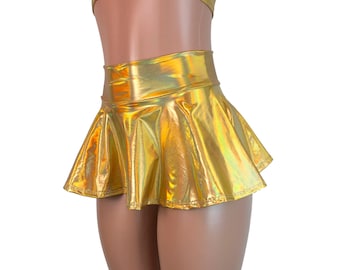 10 "Super Mini Gold Opal Holographic High Waist Skater Rock - Clubwear, Rave Wear, Mini Tellerrock