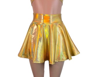 Gold Opal Holographic High Waisted Skater Rock - Clubwear, Rave Wear, Mini Tellerrock