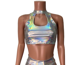 Opal Holographic High Neck Cutout Top Unisex Men/Women - Bodycon Clubwear, Rave Wear, Crop Top