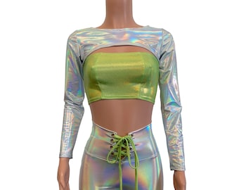 Long Sleeve Bolero Top - Opal Holographic Iridescent | Rave Clothing, Festival Outfit, Dance Sleeves