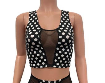 Black & White Polka Dot Mesh Inset Crop Top Tank - Rave Clothing, Festival Clothes