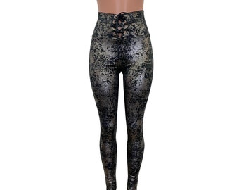 Legging met hoge taille en veters - Gunmetal op zwart verguld fluweel | Rave-kleding, festivaloutfit, EDM-broek