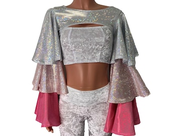 Ruffle Sleeve Bolero Top - Pink Shattered Glass Holographic Tiers | Rave Festival Top