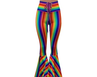Bas à lacets taille haute cloche -Rayures arc-en-ciel | Pantalon flare, vêtements rave LGBTQ Pride, pantalon de festival, déguisement années 60