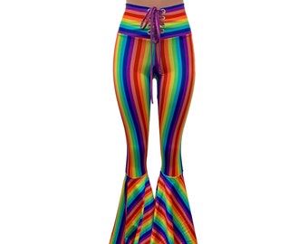 Lace-Up High Waist Bell Bottoms -Rainbow Stripe | Flare Pants, LGBTQ Pride Rave Clothing, Festival Pants, 60s Costume