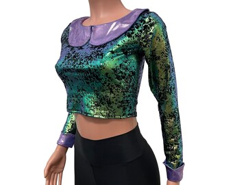 Metallic Velvet Petal Collared Crop Top - Bodycon Clubwear, Rave Wear, Boho