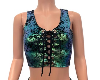 Lace-Up Crop Top - Green on Black Gilded Velvet | Metallic Corset Top - Rave Crop Top - Festival Outfit