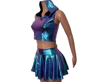 Rave Outfit - Holographic High Waisted Skater Skirt Oil and Sleeveless Cropped Hoodie - Oil Slick Metallic