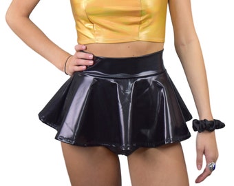 10" Super Mini Black Metallic High Waisted Skater Skirt | Faux Leather Rave Skirt