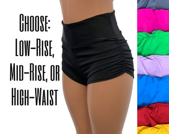 Ruched High Waist Booty Shorts - Athletic Pole Shorts - CHOOSE your RISE and COLOR - Bikini Bottoms, Roller Derby, Pole Dance Spandex Shorts