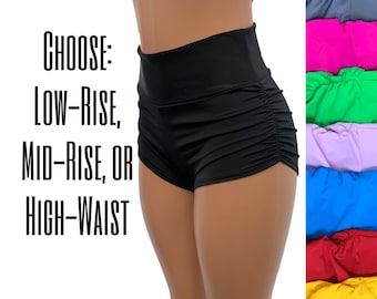 Ruched High Waist Booty Shorts - Athletic Pole Shorts - CHOOSE your RISE and COLOR - Bikini Bottoms, Roller Derby, Pole Dance Spandex Shorts