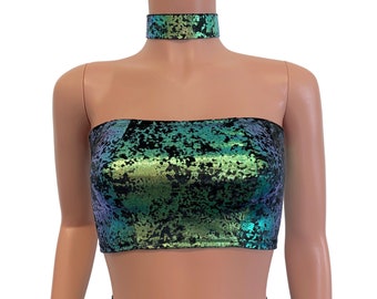 Tube Top Bandeau - *Black w/Green Gilded Velvet* - Rave Top, Festival Clothing, Burning Man