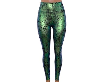 Pantalon legging taille haute en velours doré vert sur noir | Rave, Festival, EDM, Vêtements des années 80